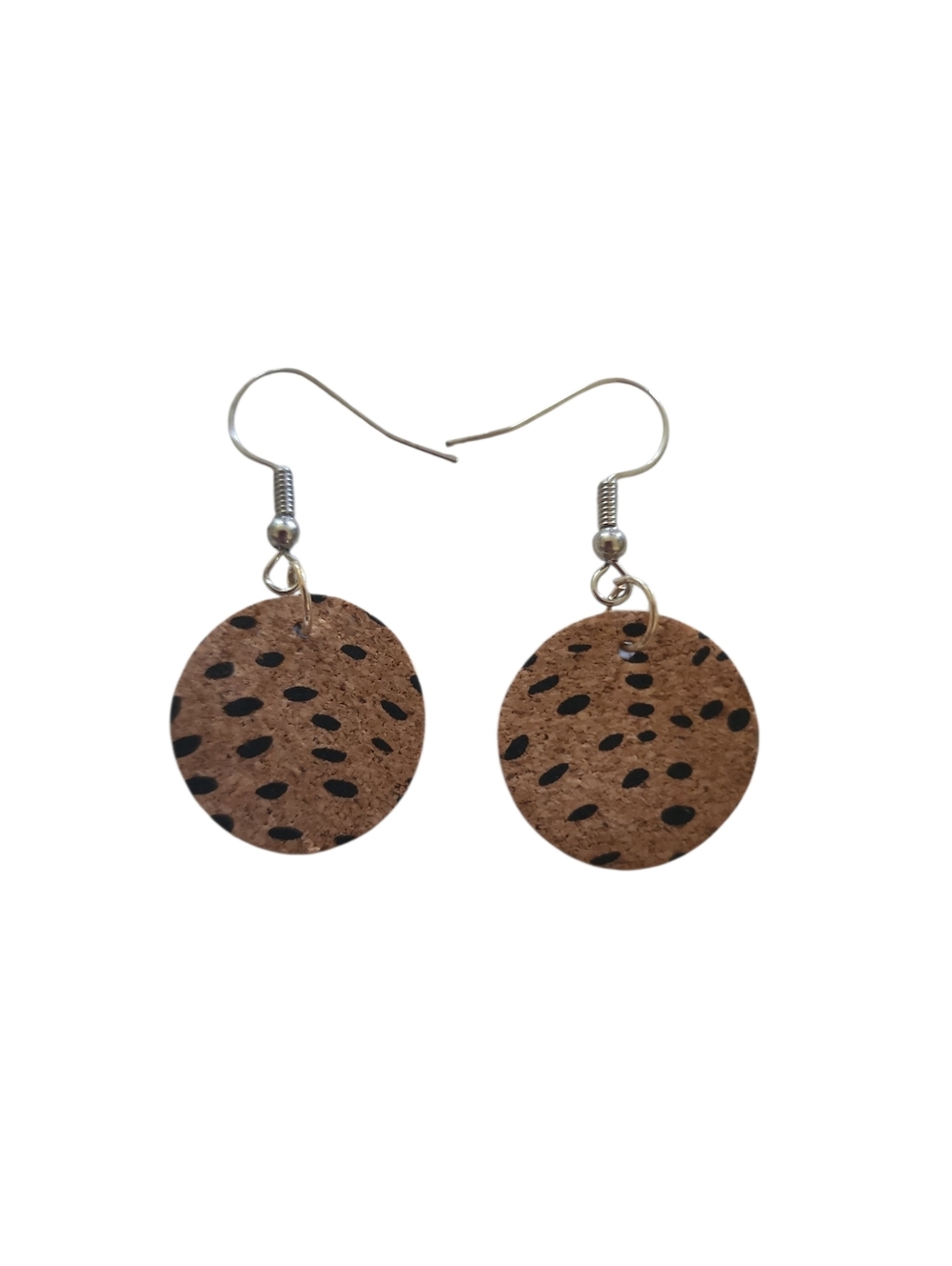 (3)Handmade Brown Cork Round Drop Earrings with Black Accents